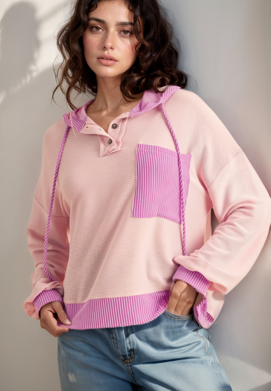 Corded Color Block Drawstring Hoodie Secondary image