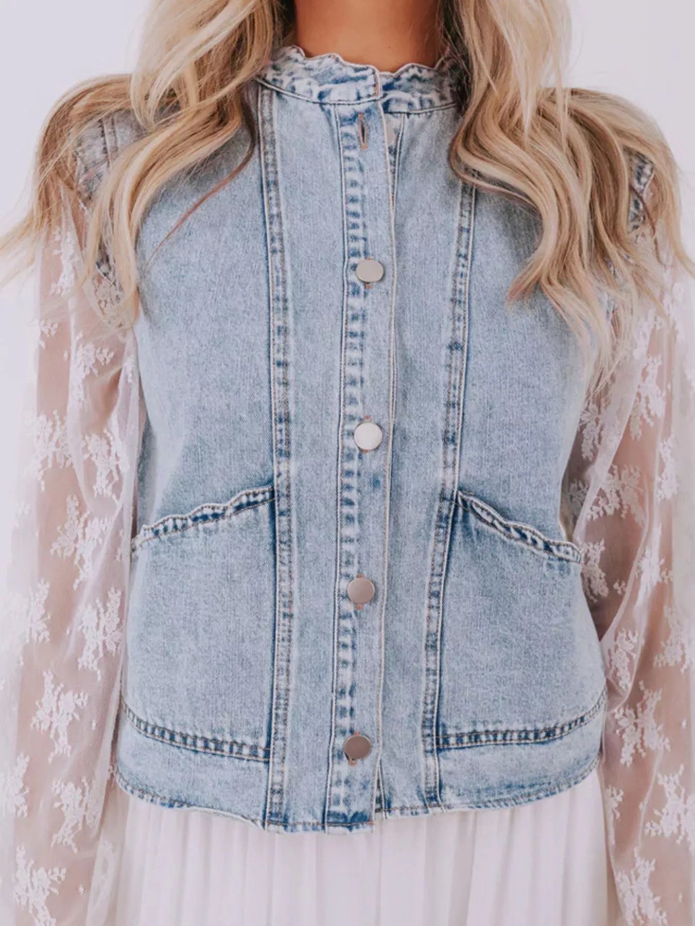 Denim Vest with Scalloped Trim and Patch Pockets Secondary image