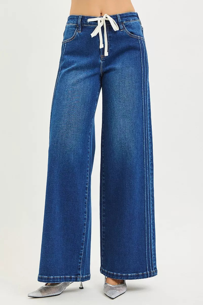 Mid-Rise Wide Leg Jeans with Pintuck Detail & Drawstring Secondary image