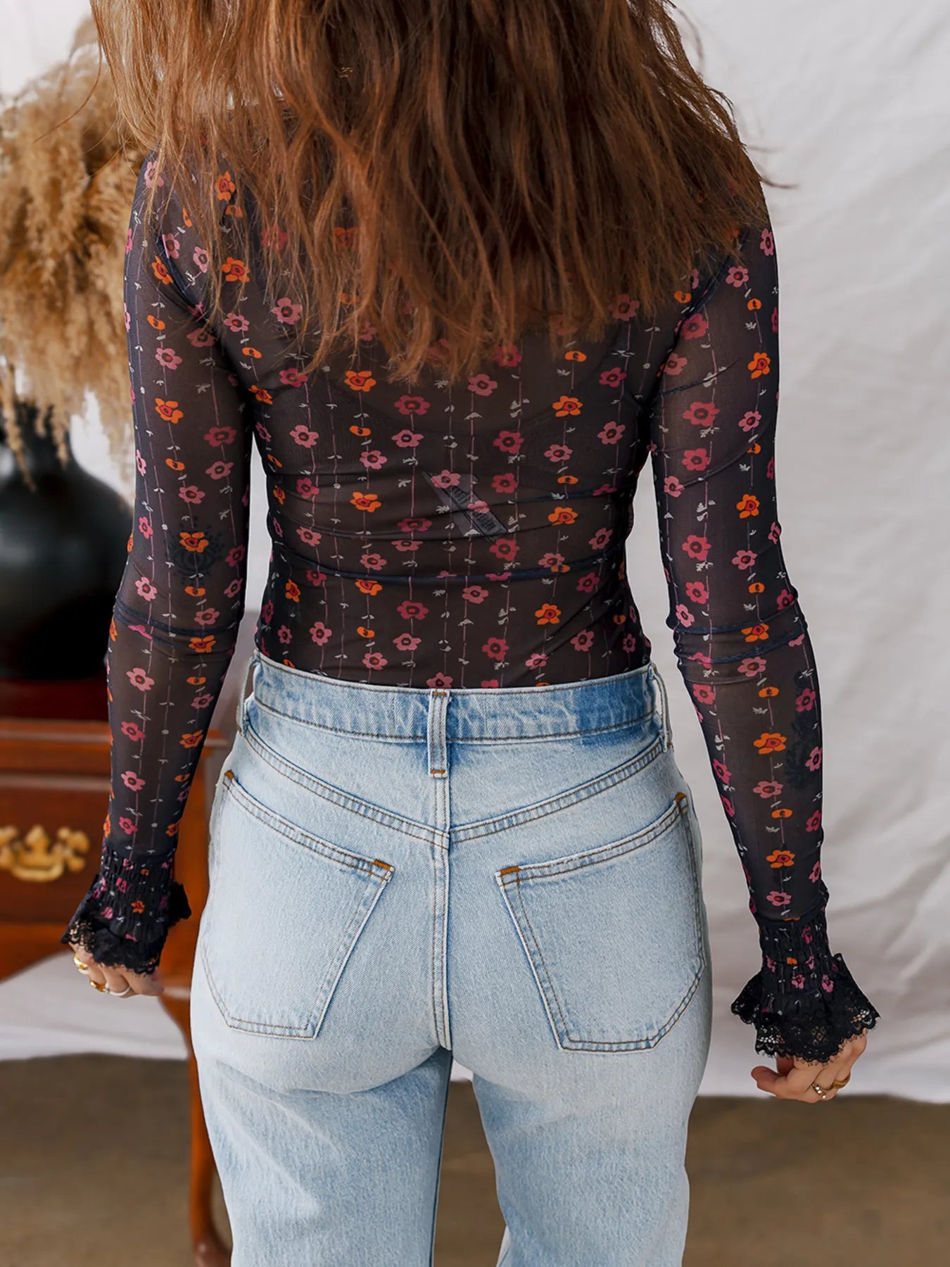 Floral Print Smocked Cuff Slim Fit Mesh Bodysuit Secondary image