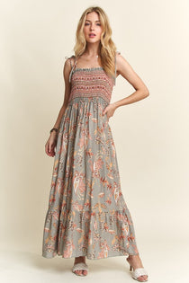 Smocked Printed Square Neck Tie Shoulder Cami Dress