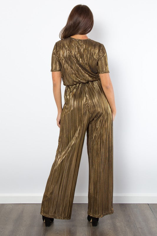 Surplice Short Sleeve Pleated Foil Jumpsuit Secondary image