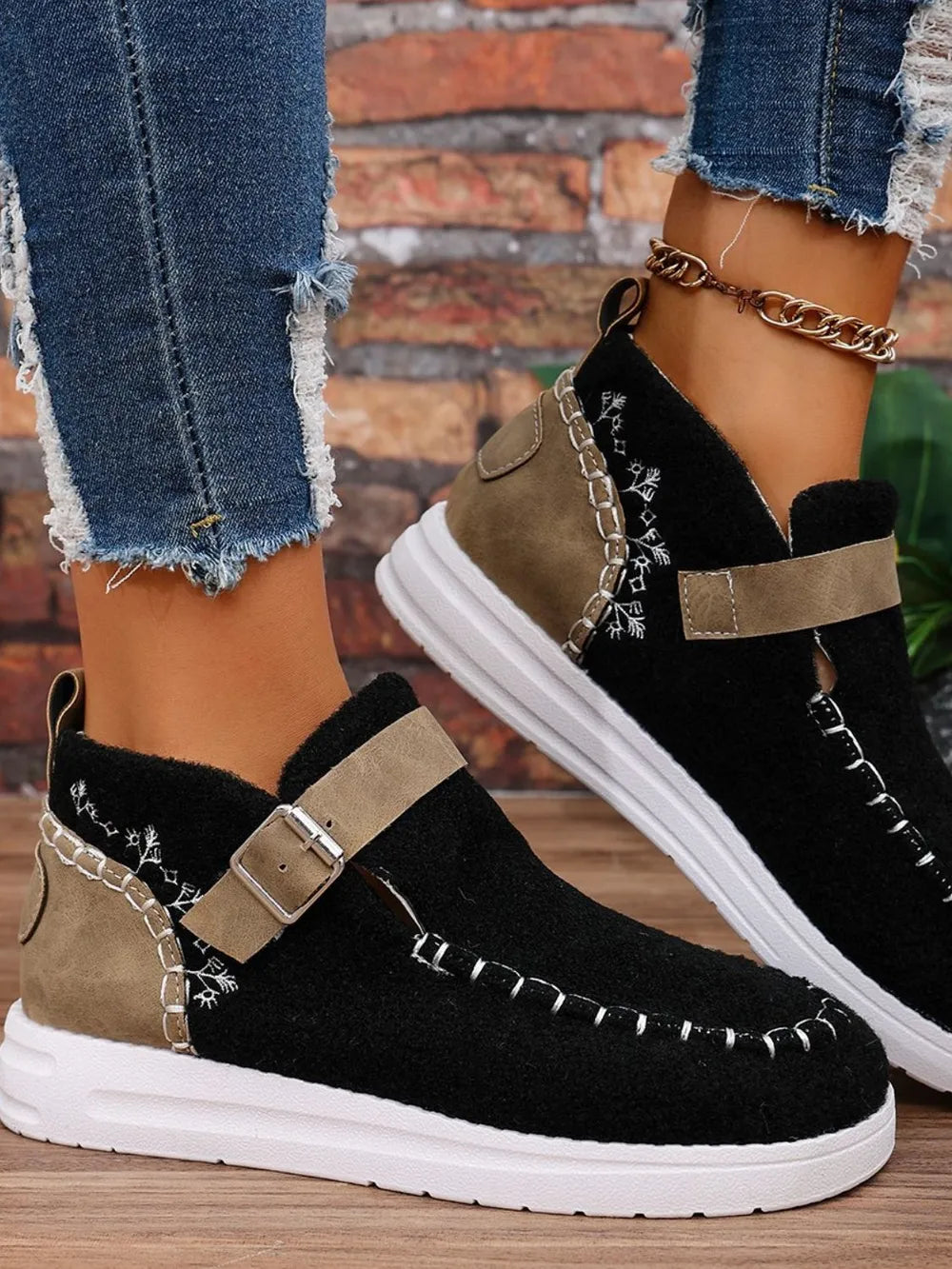 Contrast Round Toe Sneakers with Buckle Detail and Fluff Accent Secondary image