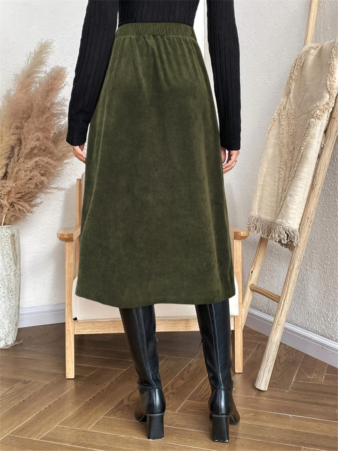 Elastic Waist Skirt with Pockets and Button Detail Secondary image