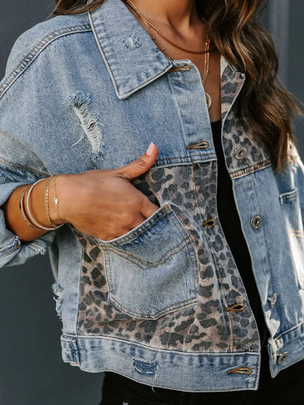 Distressed Leopard Print Denim Jacket with Drop Shoulder Secondary image