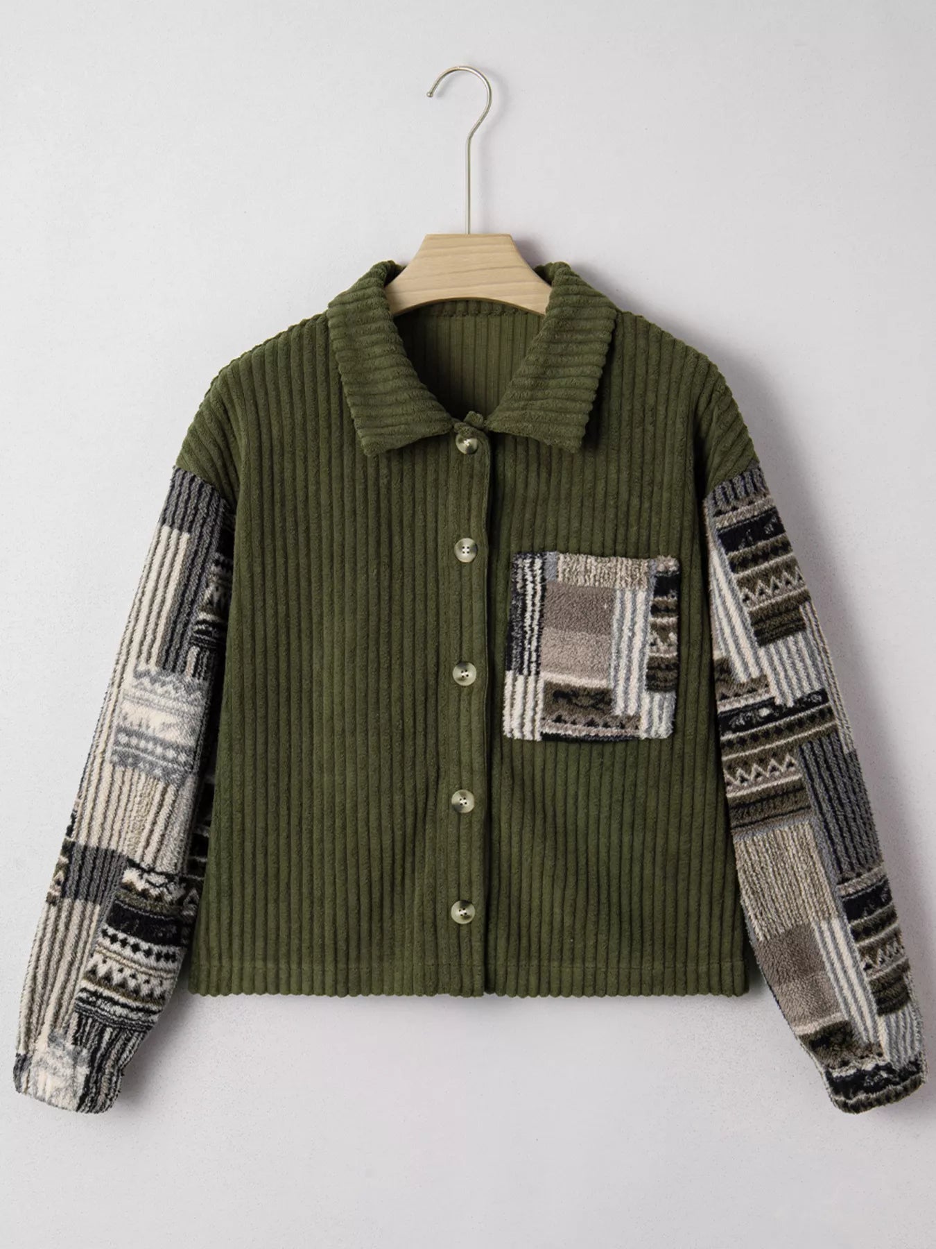 Ribbed Fleece Plaid Print Patchwork Button Up Jacket Secondary image