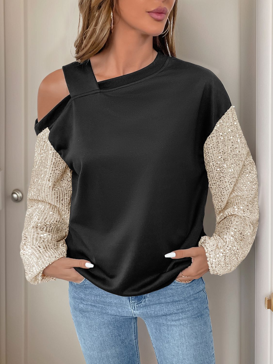 Sequin Asymmetrical Neck Long Sleeve Sweatshirt