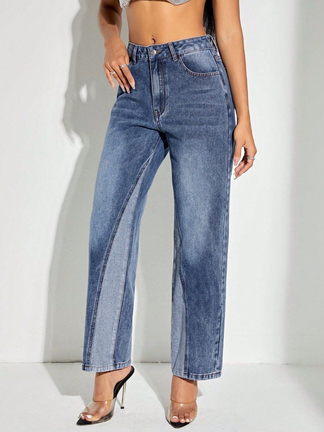 Contrast Patchwork Straight Jeans with Pockets Main image