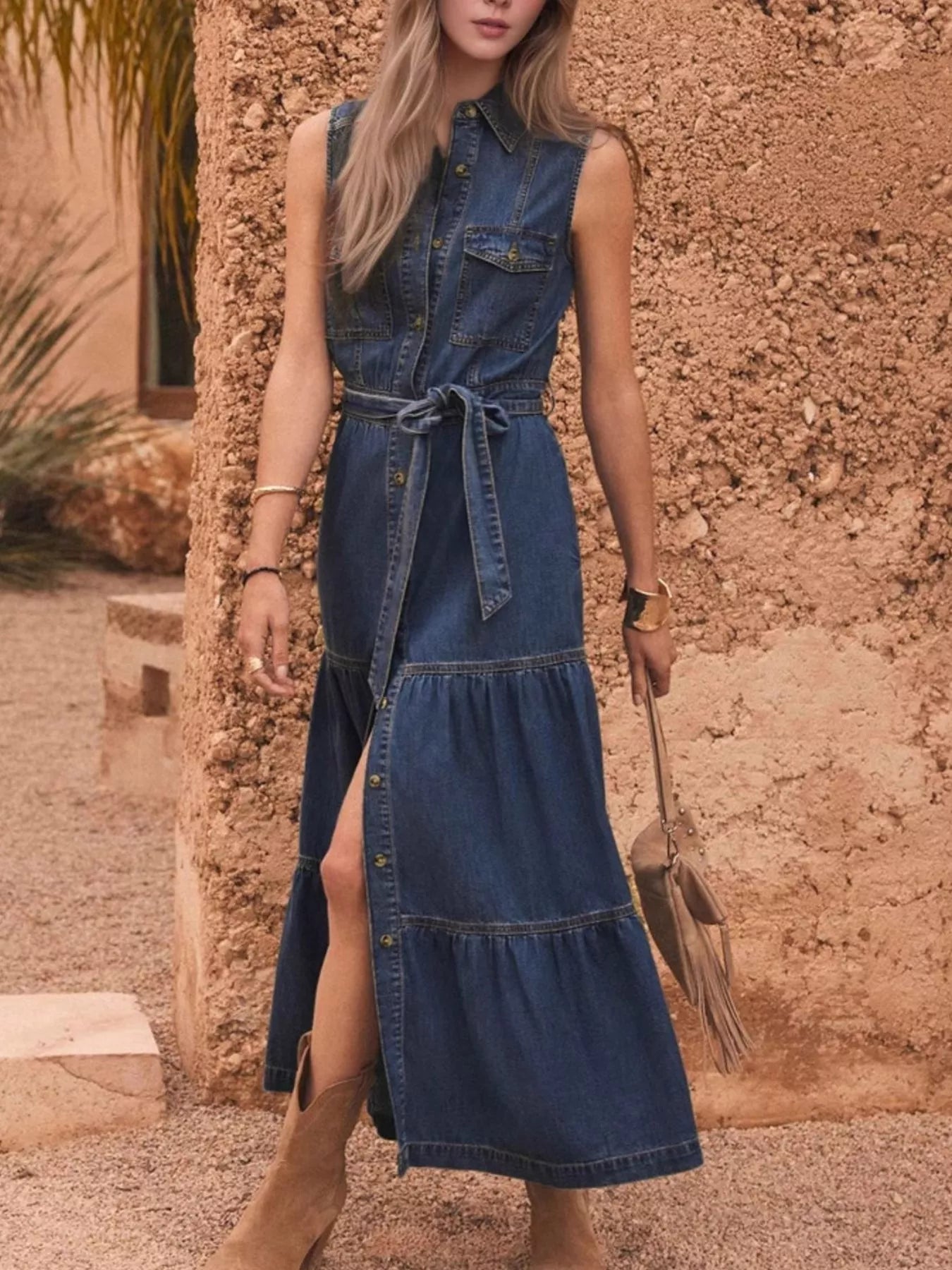 Button-Front Denim Dress with Tiered Skirt and Belt Secondary image