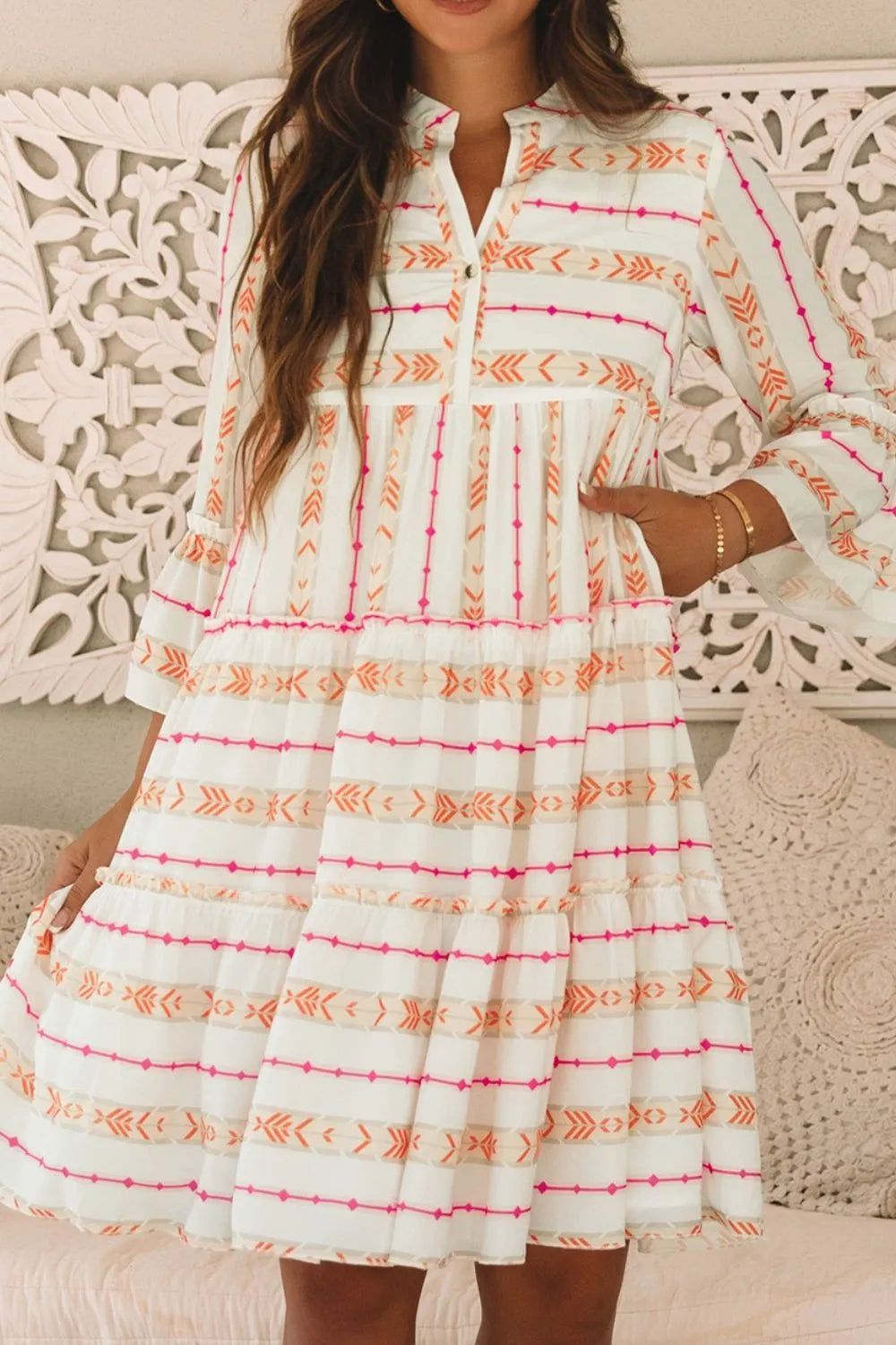 Printed Ruffle Dress with Notched Neckline Secondary image