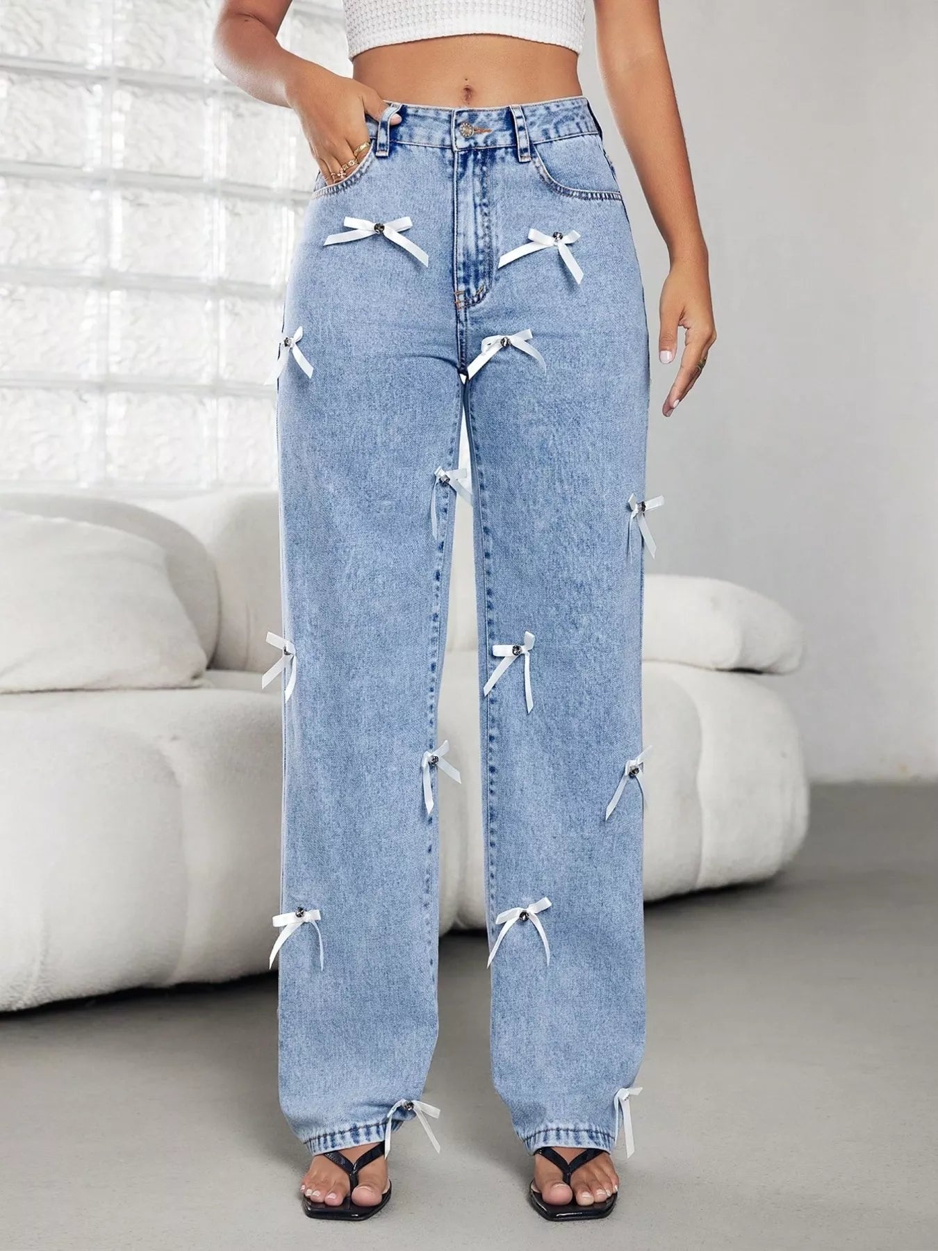 High-Waist Wide Leg Jeans with Bow Detail Secondary image
