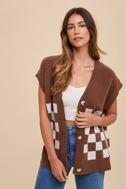 Checkered Button Down Short Sleeve Cardigan Main image