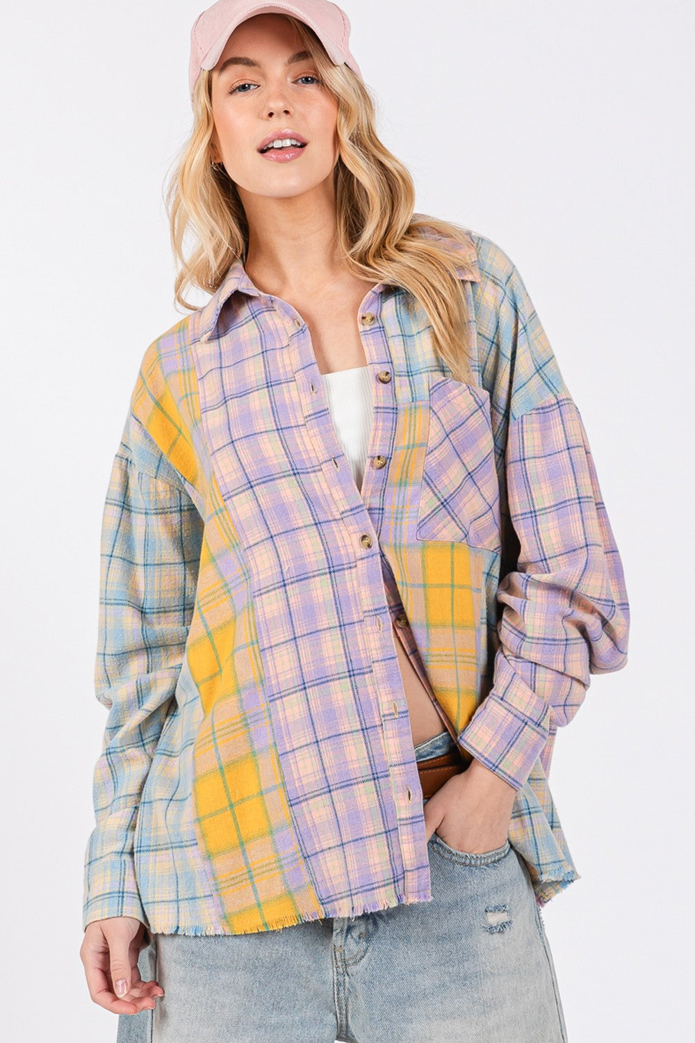 Button Up Raw Hem  Plaid Flannel Shirt Main image