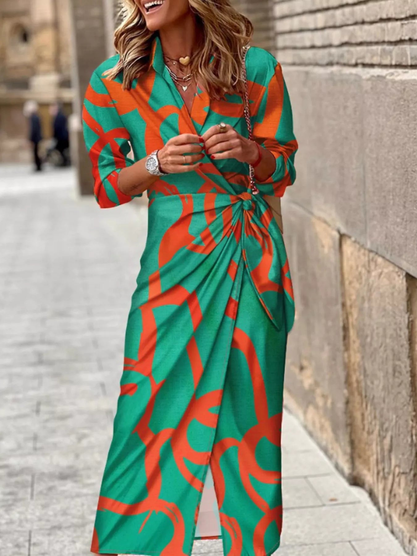 Printed Collared Neck Shirt Dress Secondary image