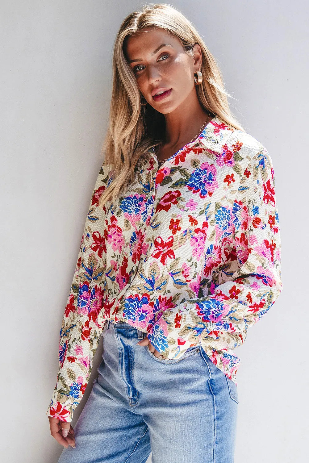 Floral Collared Neck Long Sleeve Shirt Secondary image