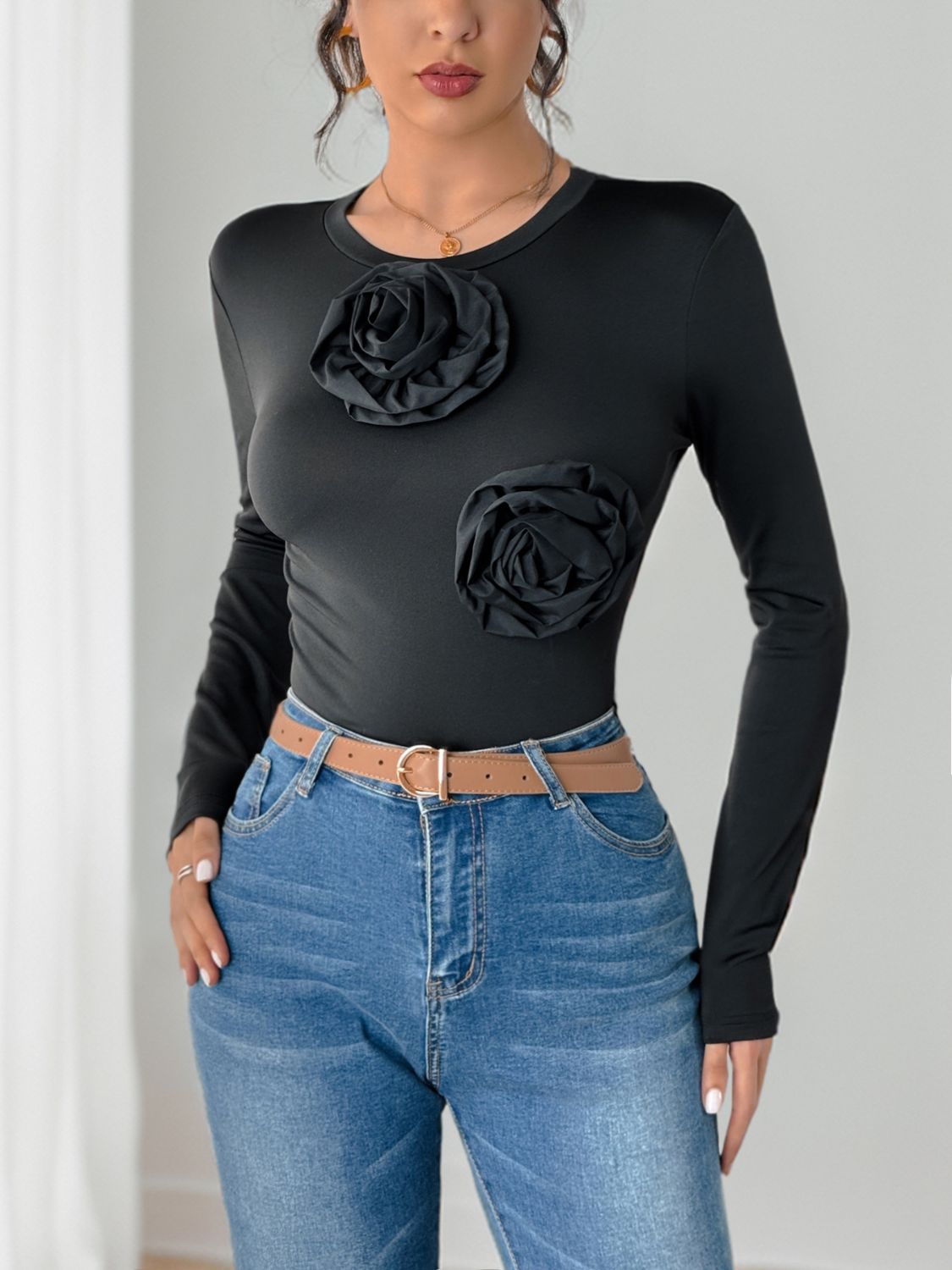 Flower Round Neck Long Sleeve Bodysuit Main image