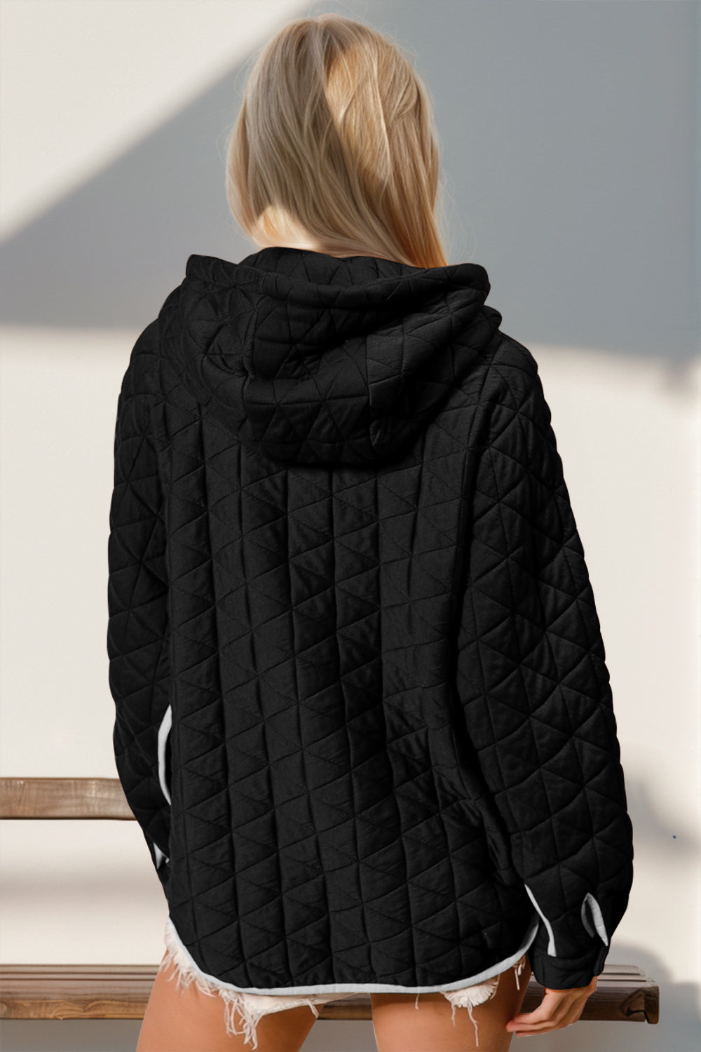 Contrast Trim Long Sleeve Half Snap Texture Hoodie with Pocket Secondary image