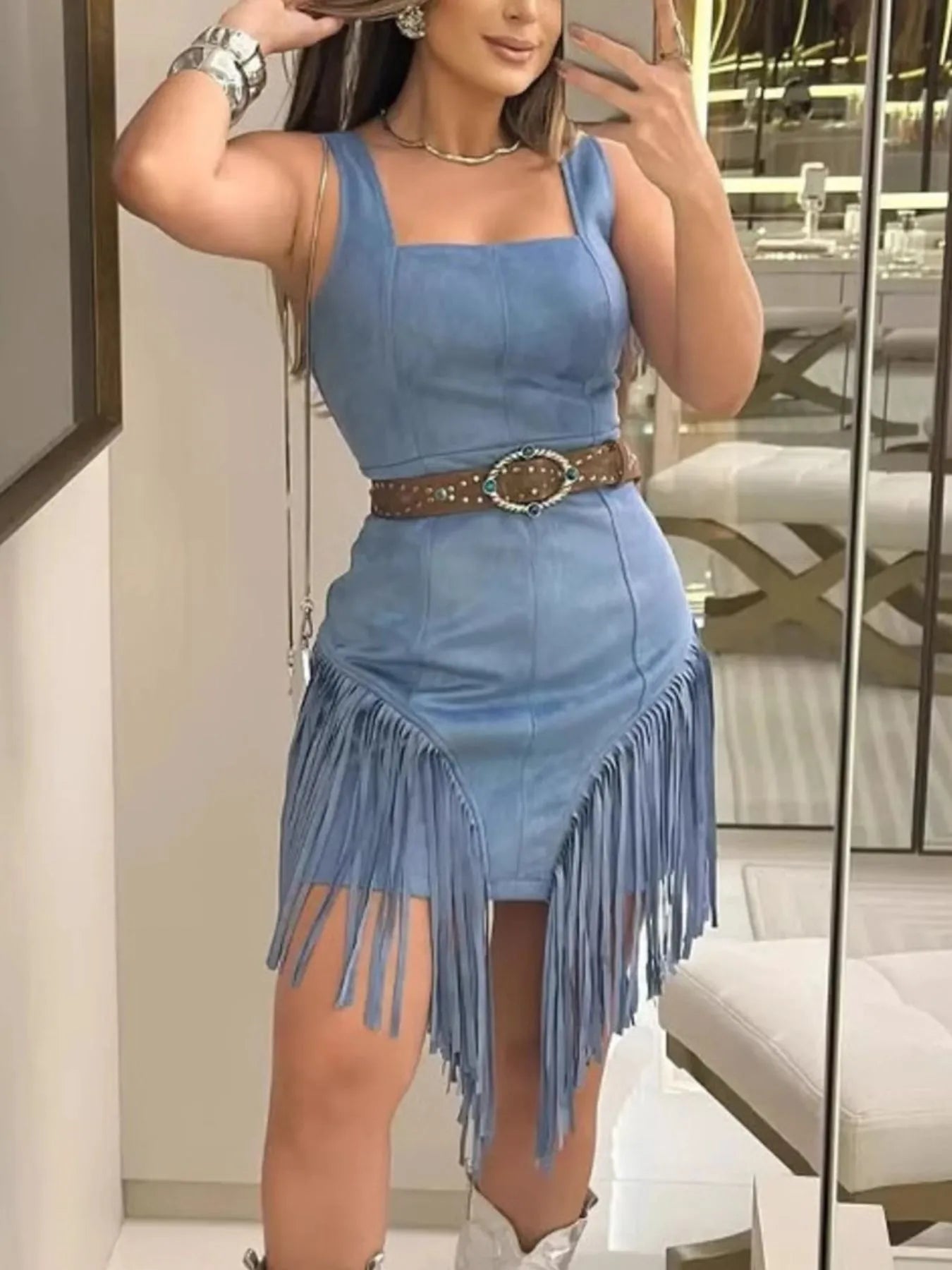 Square Neck Bodycon Dress with Fringe Hem & Belt Secondary image
