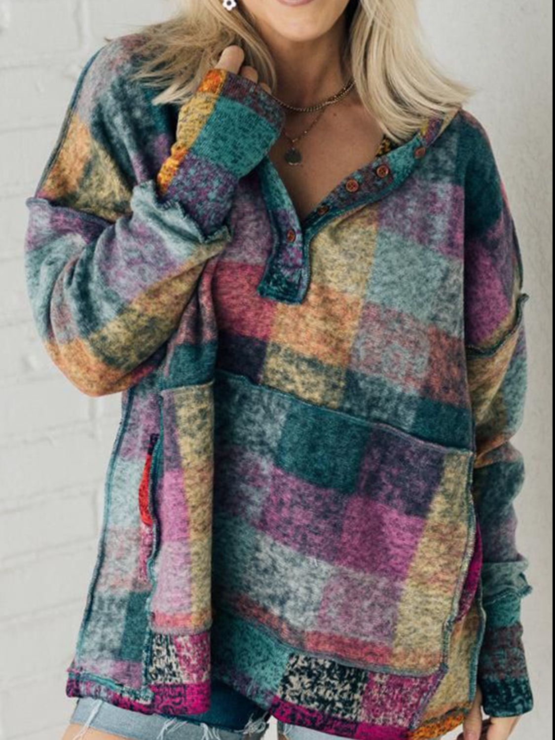 Brushed Plaid Buttoned Pullover Oversized Hoodie Main image