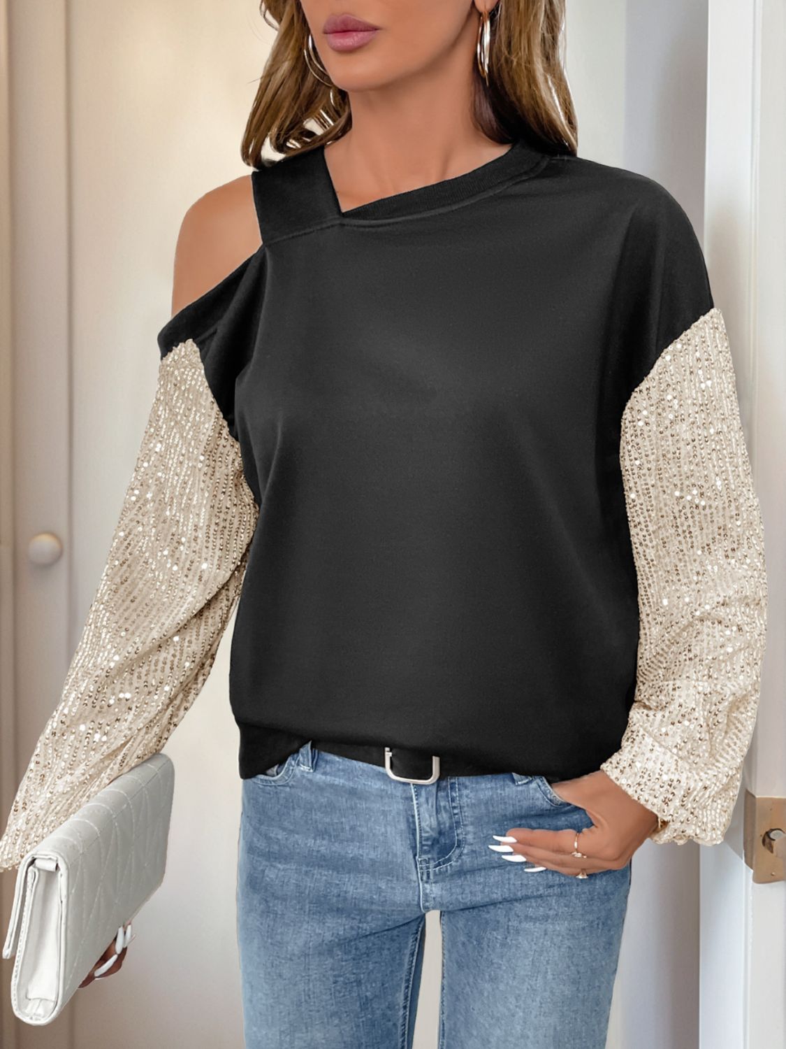 Sequin Asymmetrical Neck Long Sleeve Sweatshirt Main image