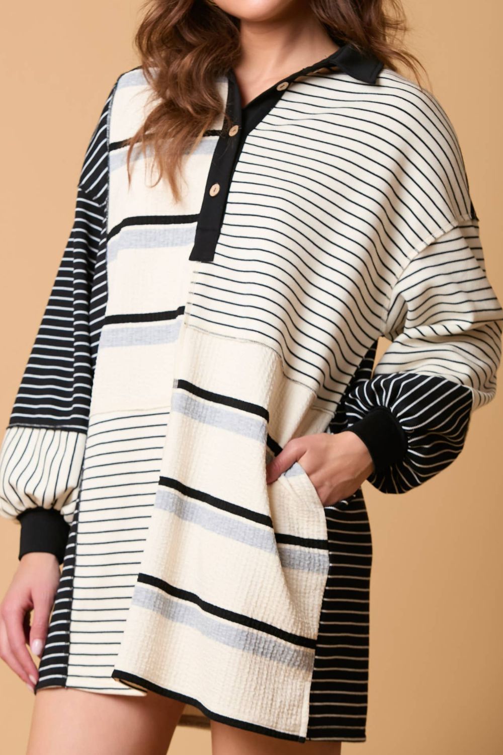 Striped Patchwork Long Sleeve Mini Dress Secondary image
