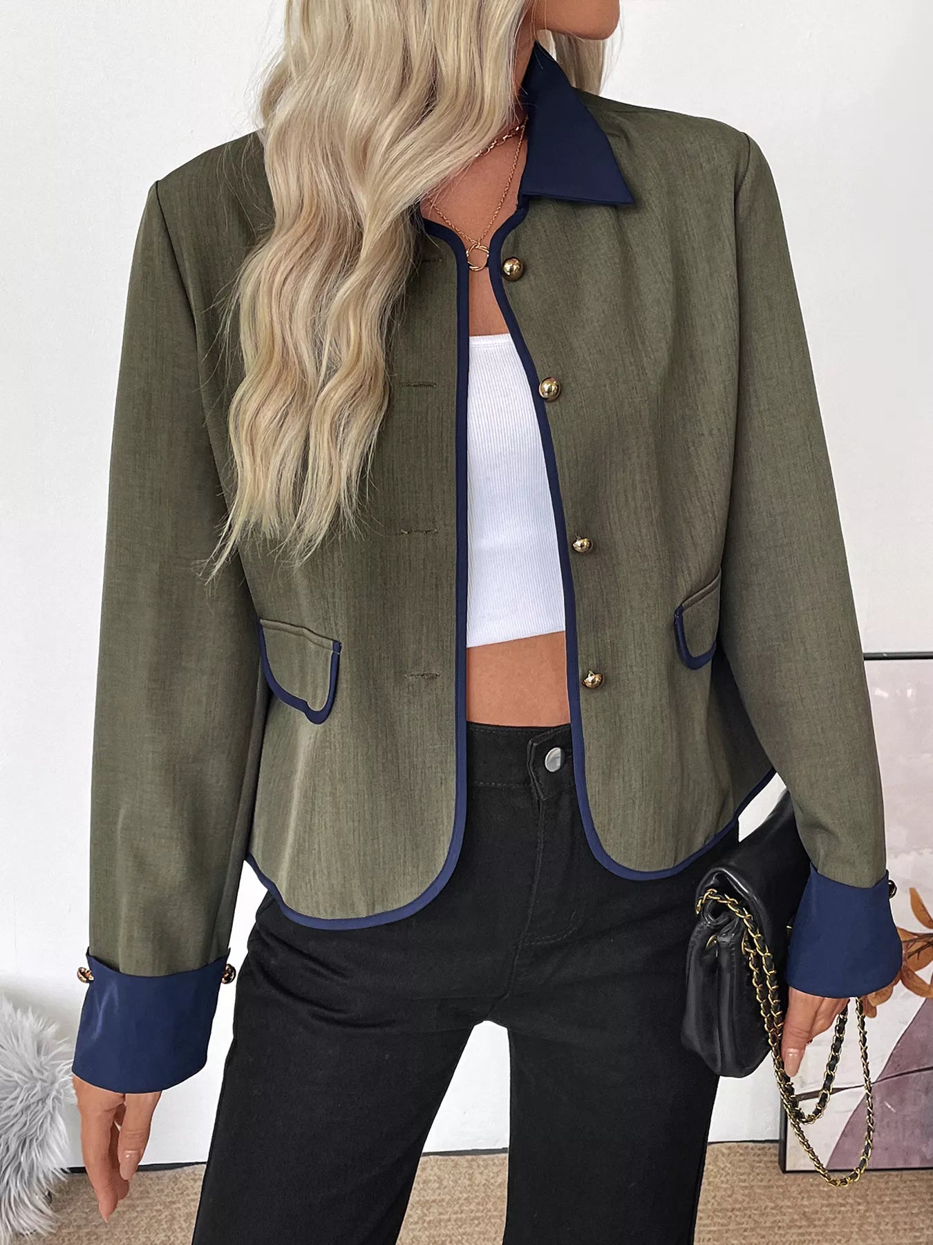 Contrast Trim Unlined Jacket with Pockets Secondary image