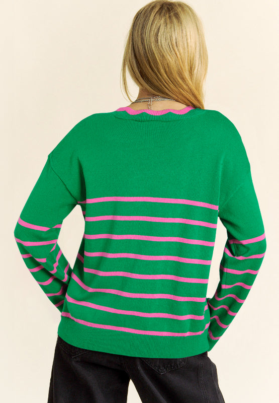 Bow Striped V-Neck Long Sleeve Cardigan Secondary image