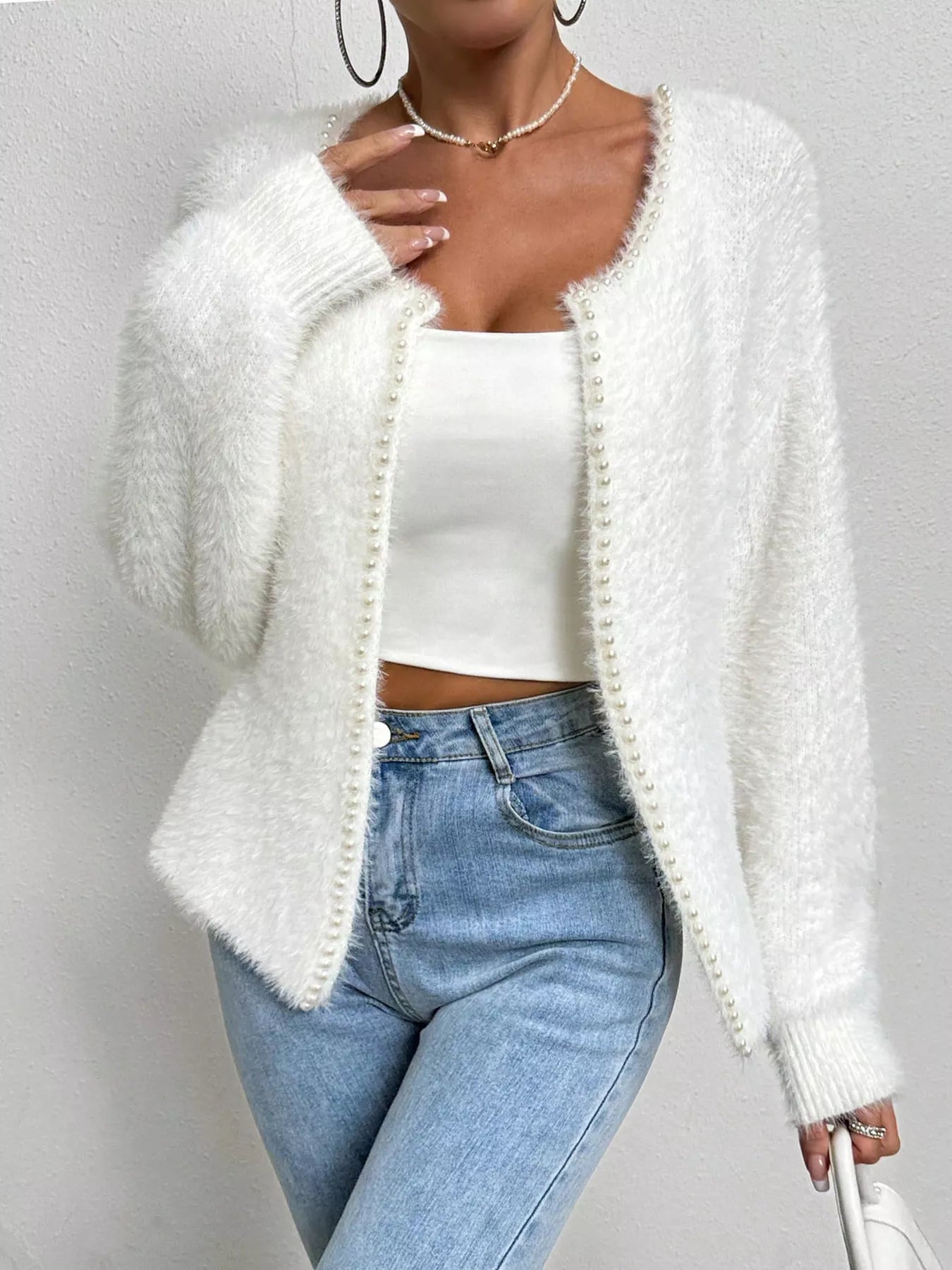 Pearl Trim Fuzzy Knit Cardigan Secondary image