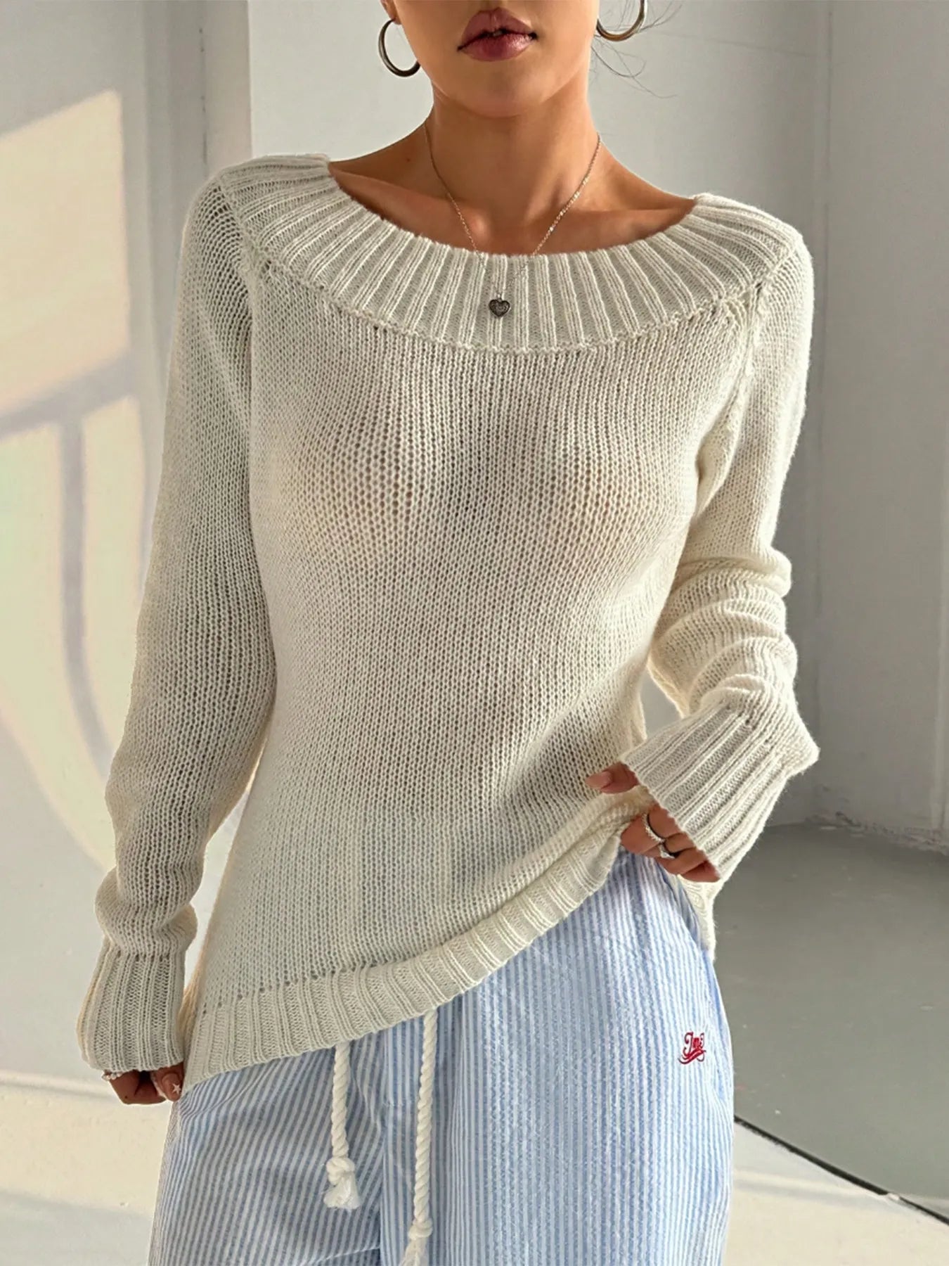 Ribbed Boat Neck Sweater - Knit Pullover Secondary image