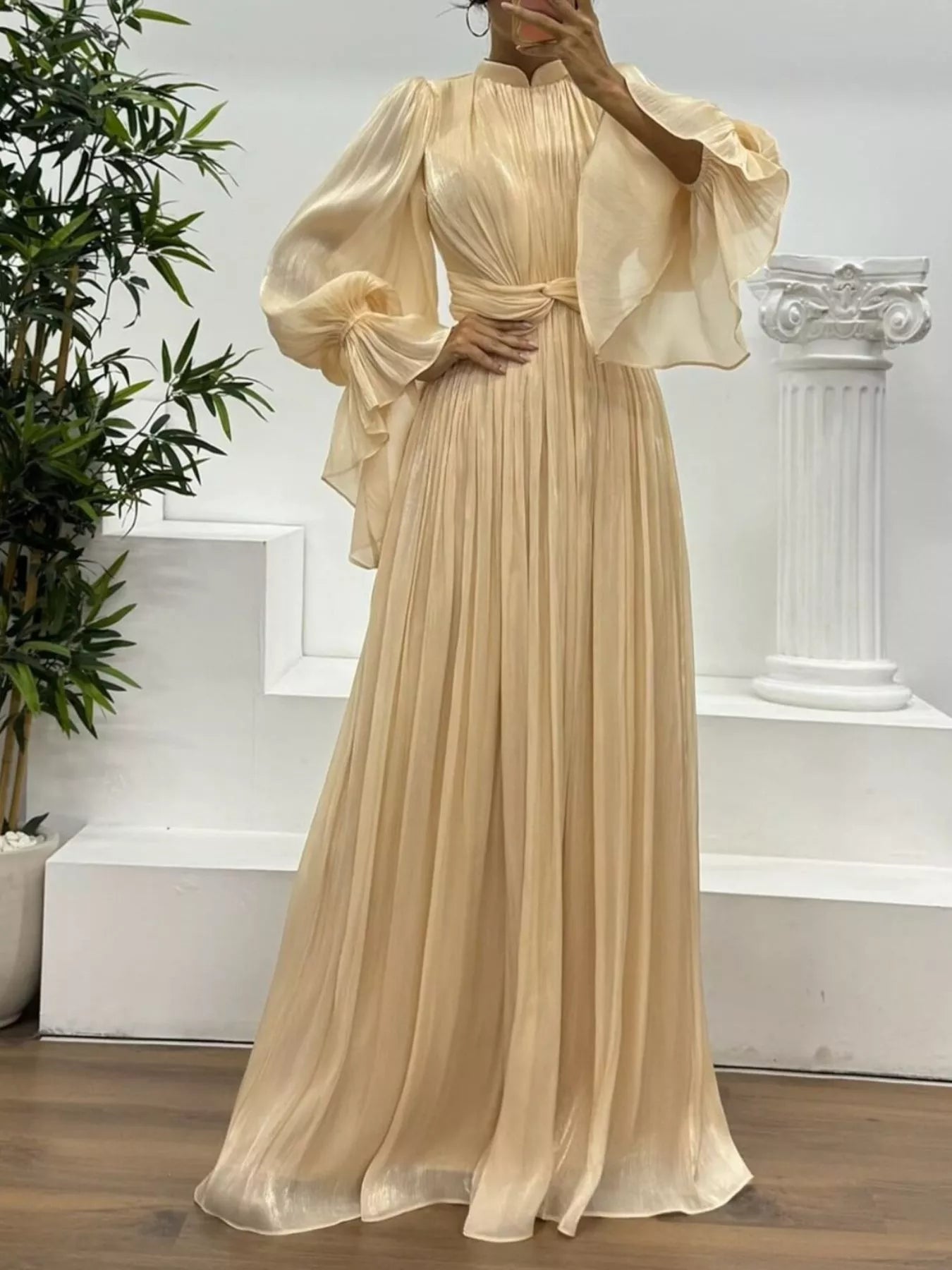 Pleated Mock Neck Maxi Dress with Ruching Secondary image