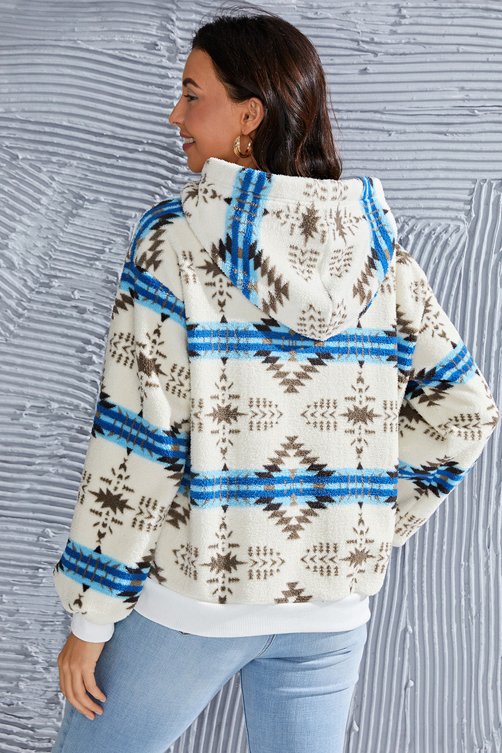 Geometric Half Zip Drawstring Long Sleeve Hoodie Secondary image