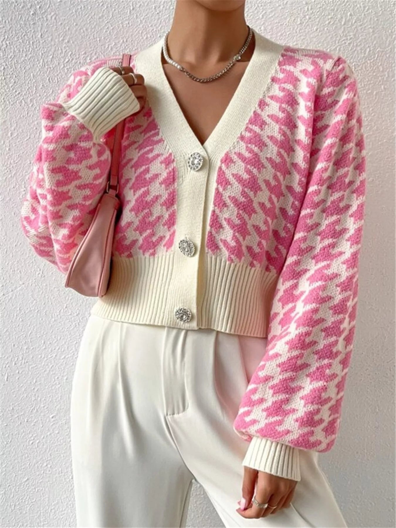 Houndstooth V-Neck Button Up Cardigan Secondary image