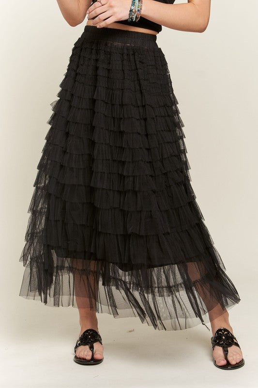 Elastic Waist Layered Mesh Midi Skirt Main image