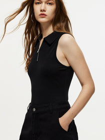 Collared Quarter Zip Sleeveless Bodysuit