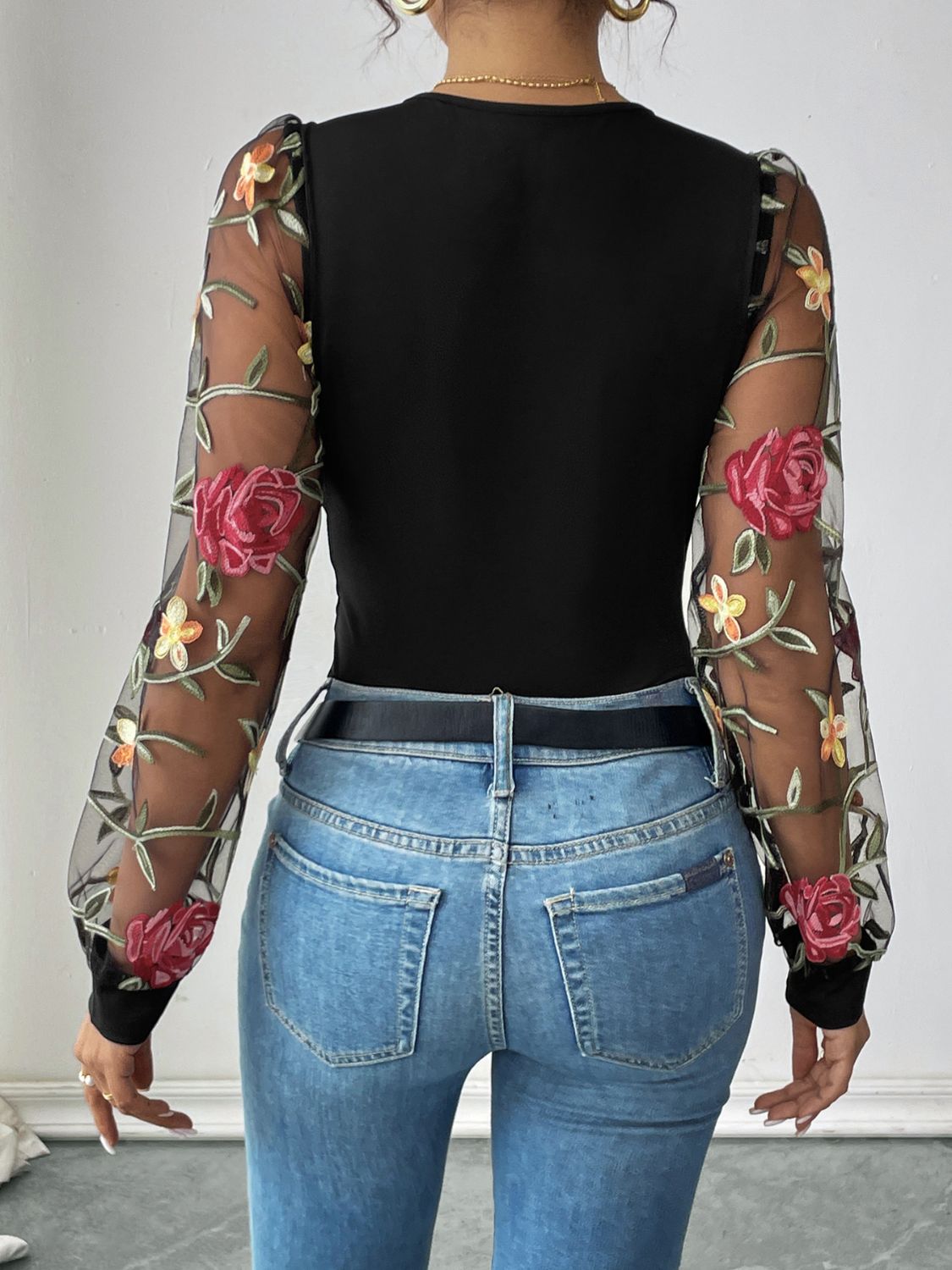 Embroidered V-Neck Long Sleeve Bodysuit Secondary image
