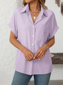 Pocketed Striped Collared Neck Short Sleeve Shirt
