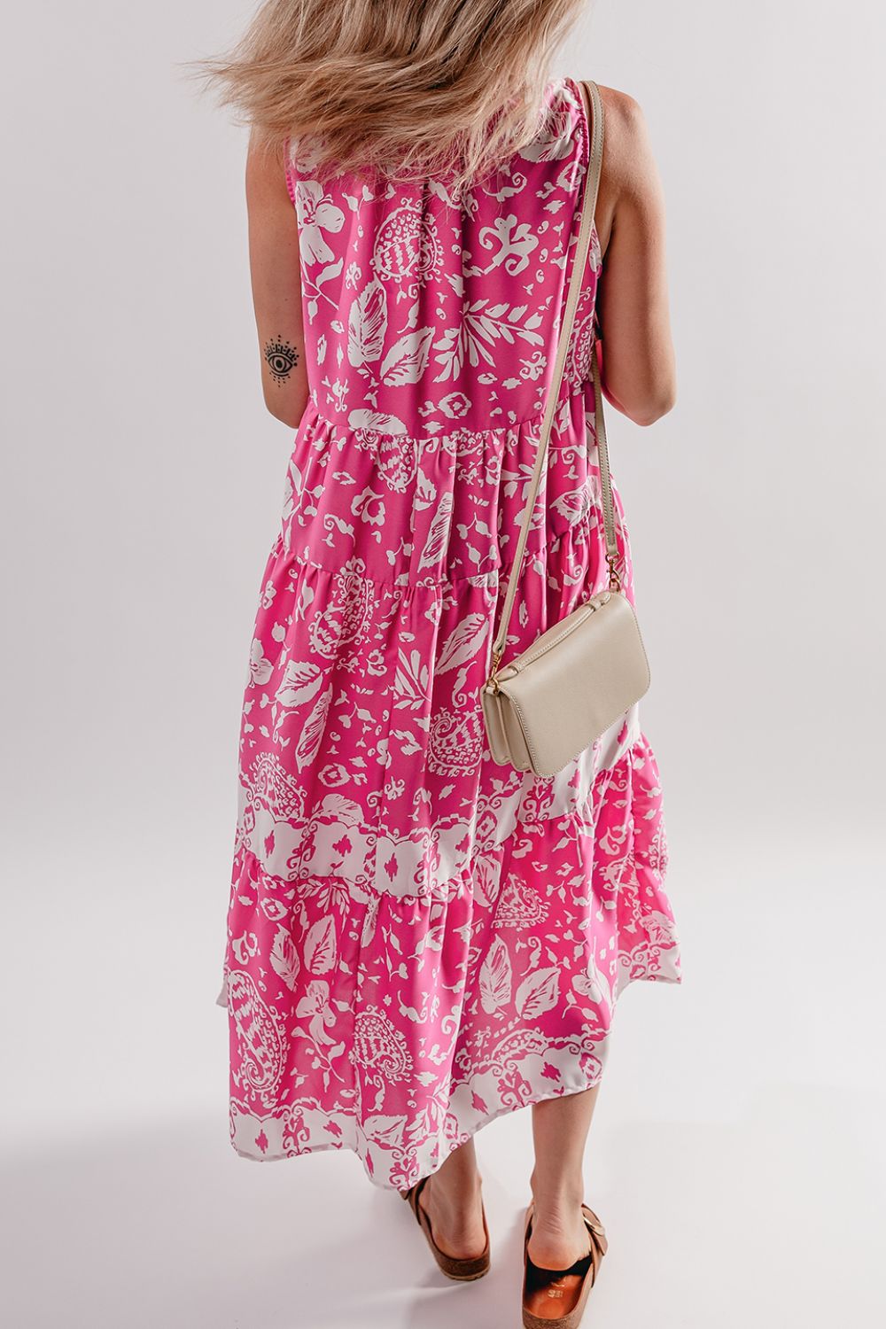 Floral Sleeveless Tasseled Tie Neck Tiered Midi Dress Secondary image
