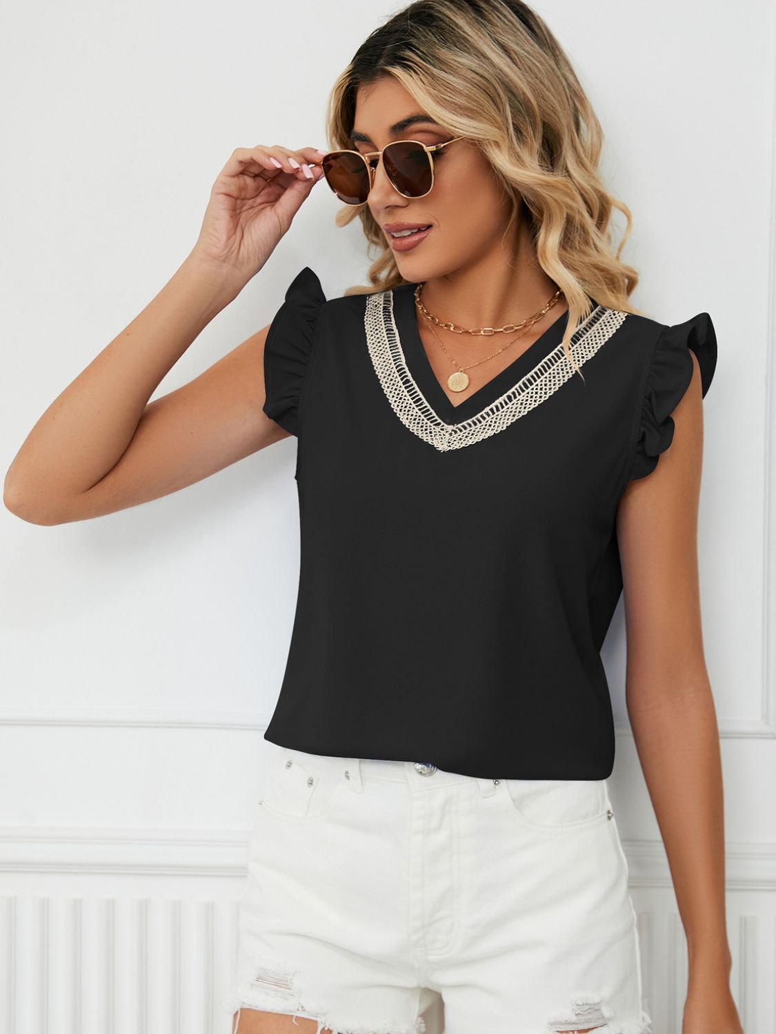 Ruffled V-Neck Cap Sleeve Blouse Secondary image
