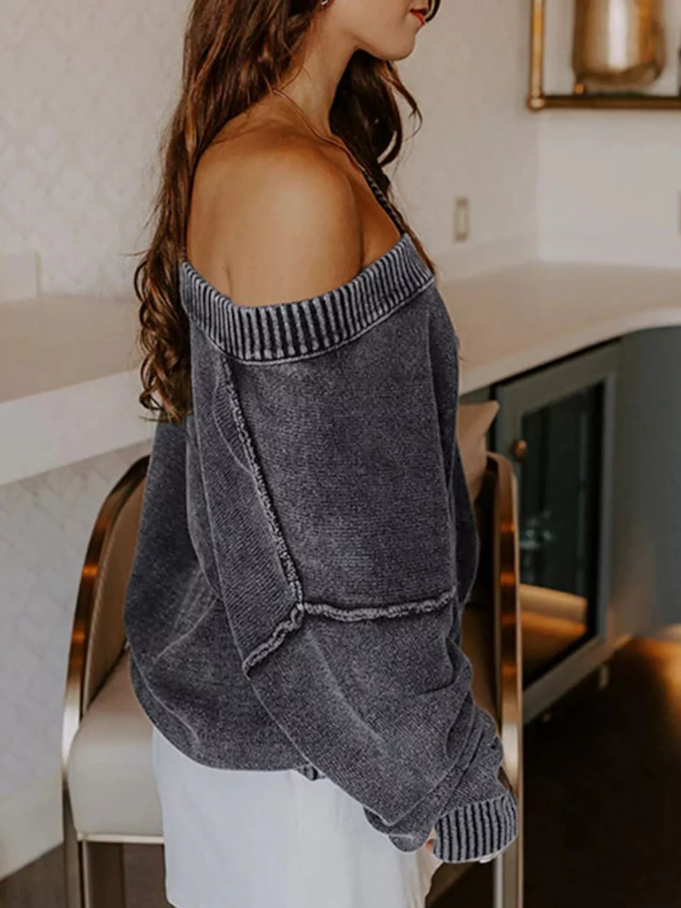 Wash V-Neck Long Sleeve Sweater Secondary image